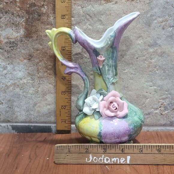 Vintage Floral Rose Pitcher Footed Vase With Handle - Picture 10 of 12